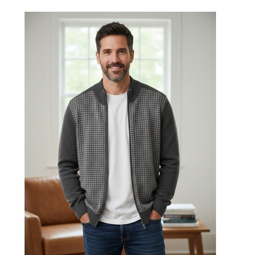 Geoffrey Beene Mens XXL Gray Houndstooth Full Zip‎ Mock Neck Sweater Cardigan